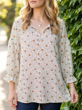 Ann Taylor Floral Ruffle-Cuff Tie-neck Peasant Blouse
